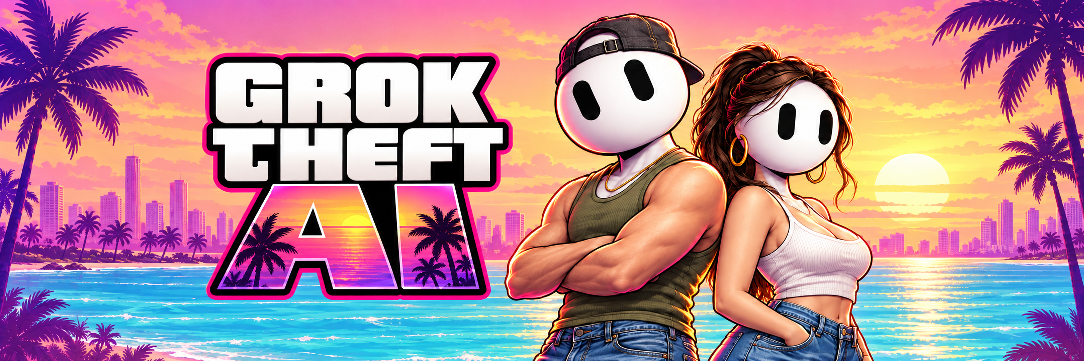 Grok Theft AI — the crew on the waterfront at sunset