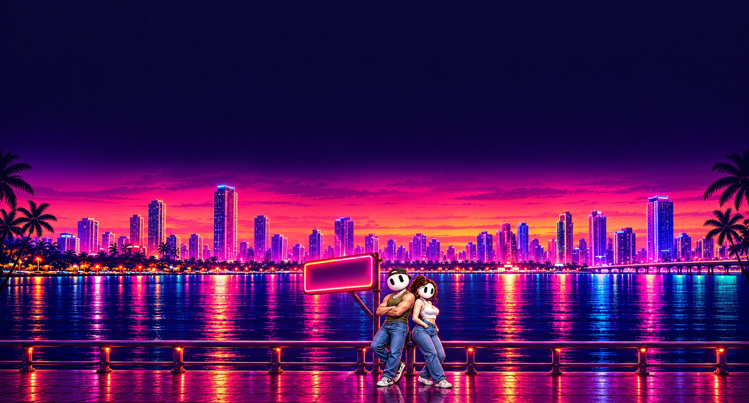 The crew on a night waterfront beneath city lights