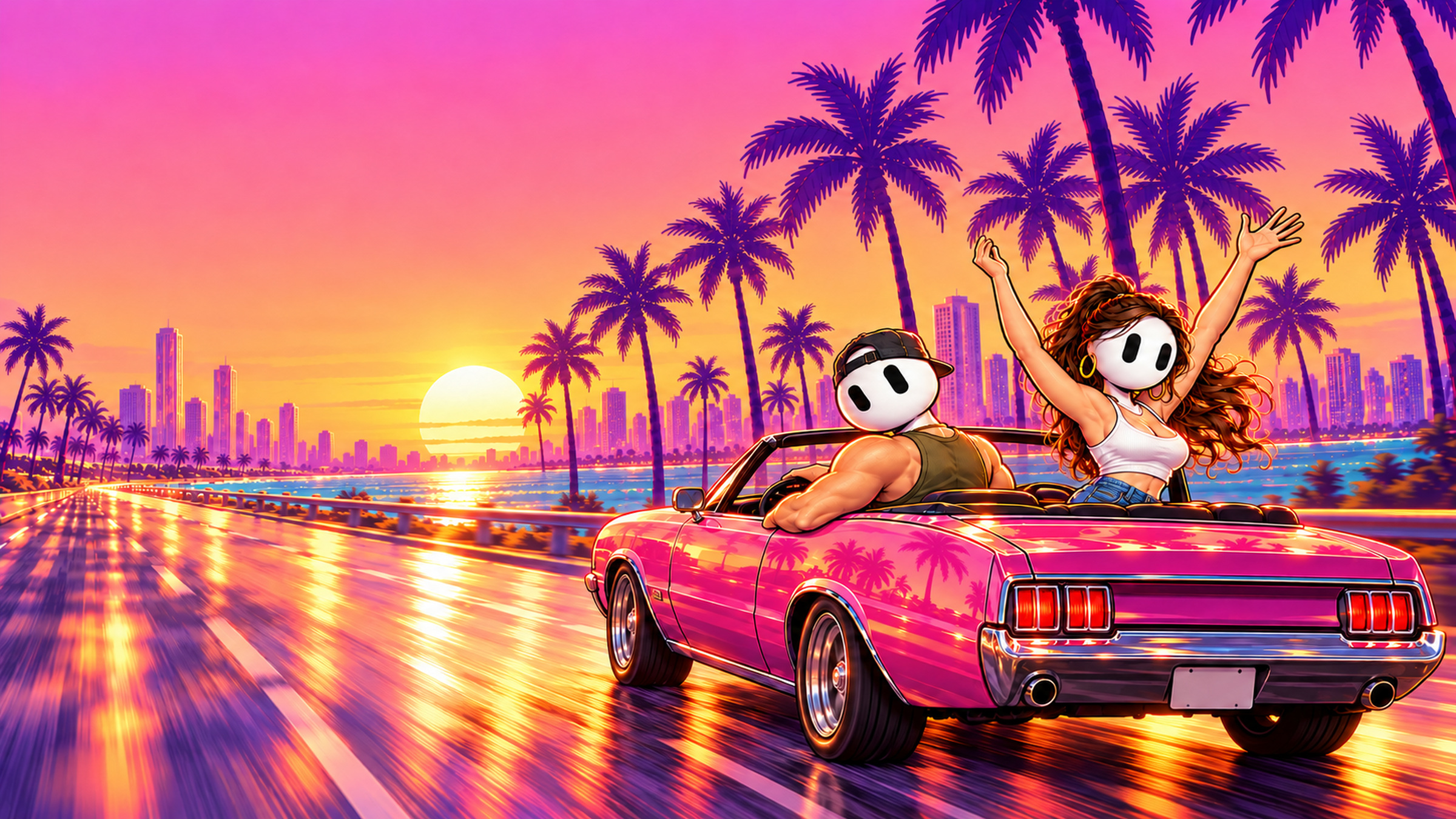 The duo cruising a palm-lined boulevard in a convertible