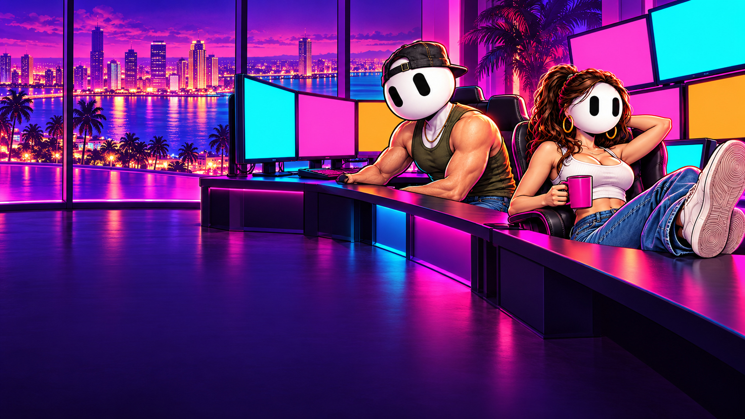 The crew surrounded by glowing screens in a neon apartment