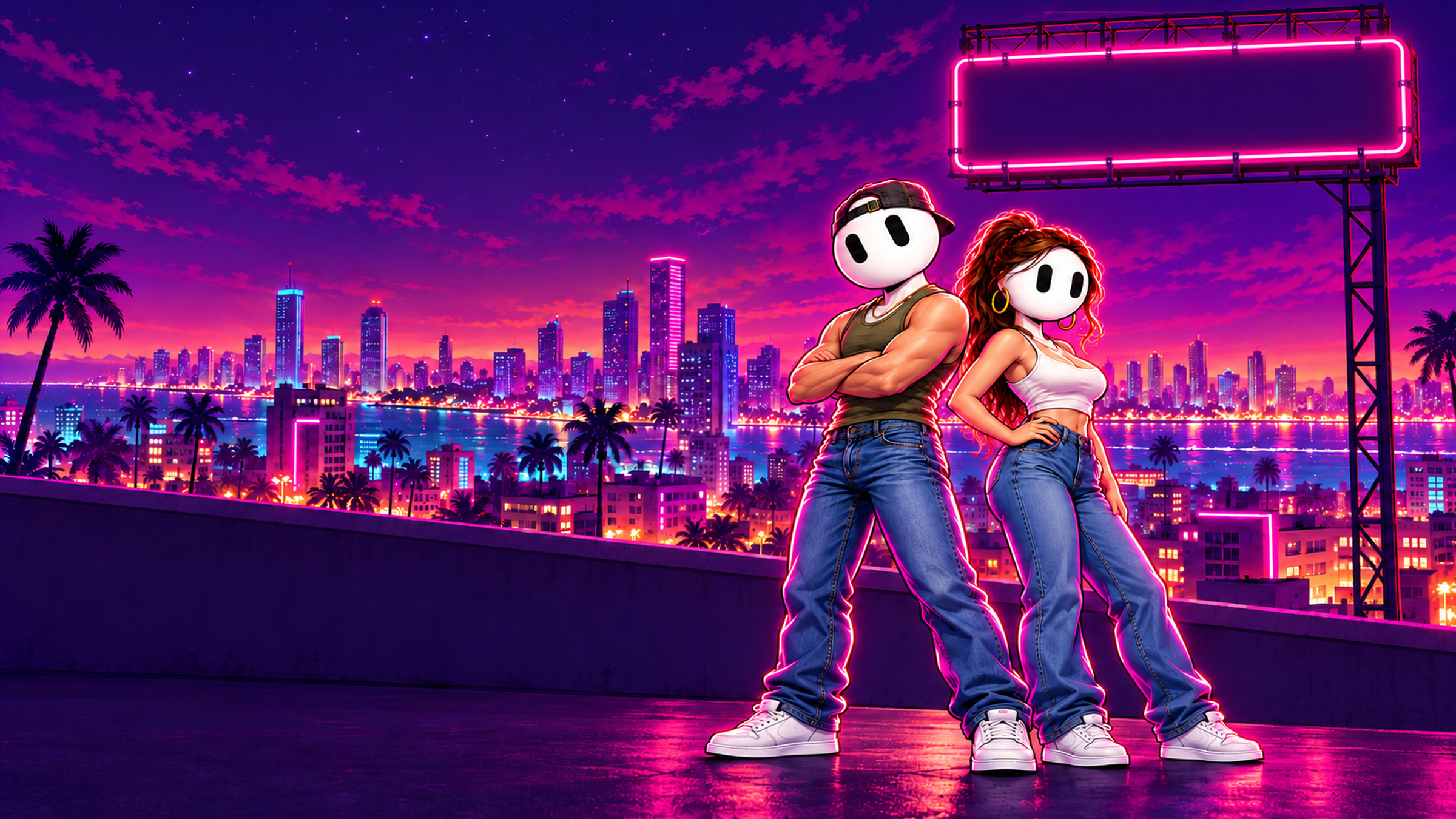 Both characters above the skyline beneath a glowing sign